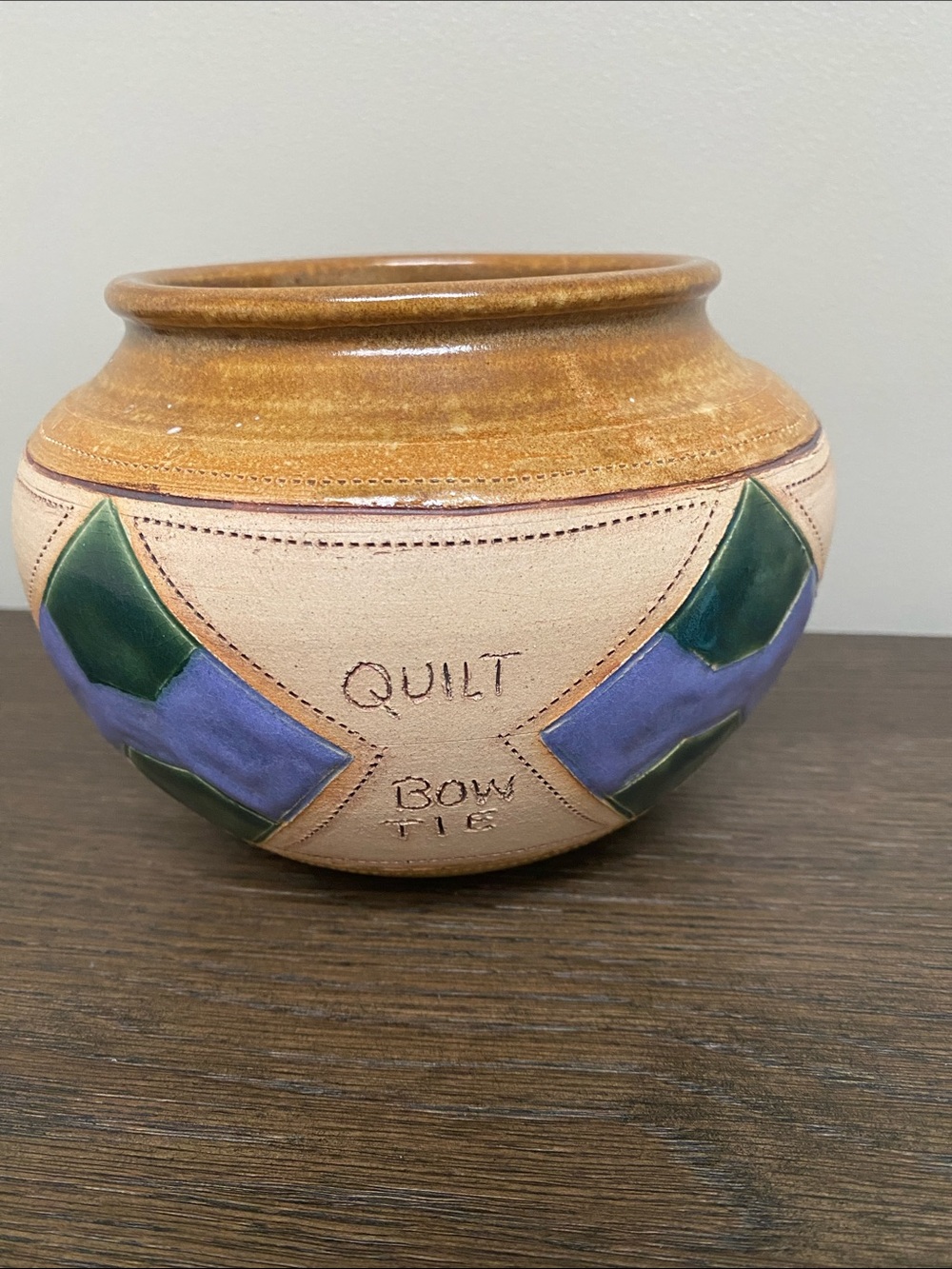 Handcrafted Quilt Bow Tie Ceramic Vase - Brown, Cream, Green & Blue